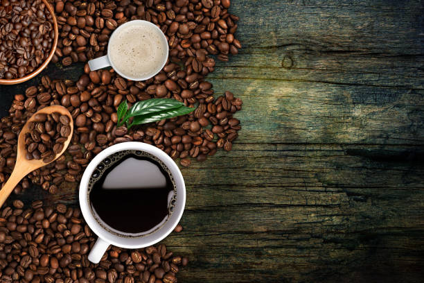 coffee background, top view with copy space. - coffee cup bean sugar imagens e fotografias de stock