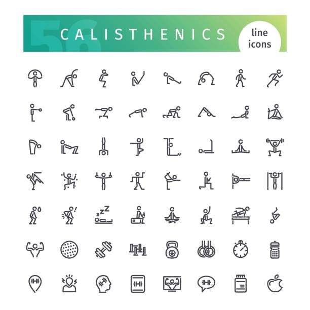 Calisthenics Line Icons Set Set of 56 calisthenics line icons suitable for web, infographics and apps. Isolated on white background. Clipping paths included. gymnastics stretches stock illustrations