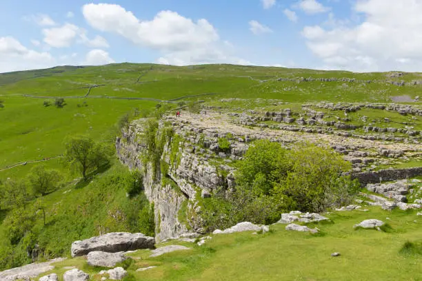 Malham Cove Yorkshire Dales National Park UK the rocky top of the cliff at the popular tourist attraction