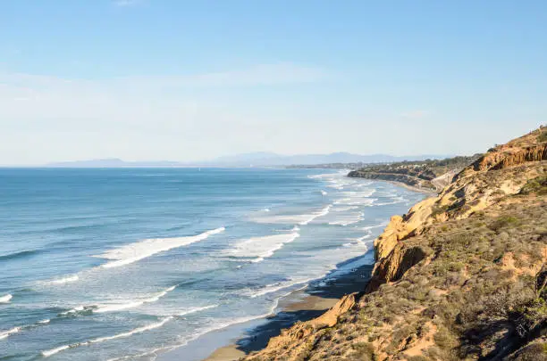 Torrey Pines cliff in pacific ocean in San Diego California with ocean waves
