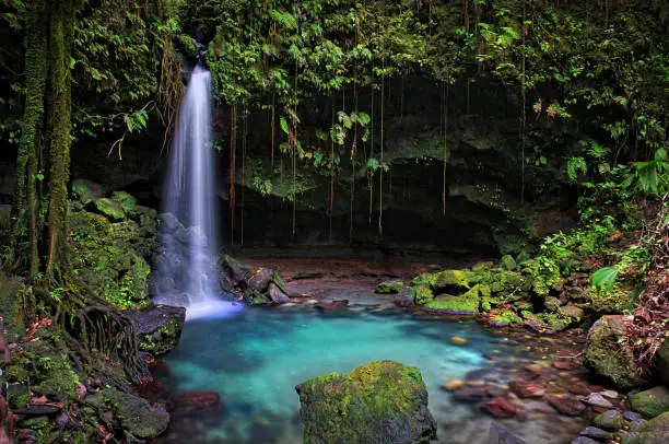Famous waterfall, UNESCO site in Dominica, Caribbean.