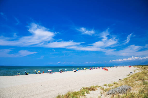 picturesque view on italian sandy beach marina di vecchiano nearby pisa, tuscany in italy - marina di pisa imagens e fotografias de stock