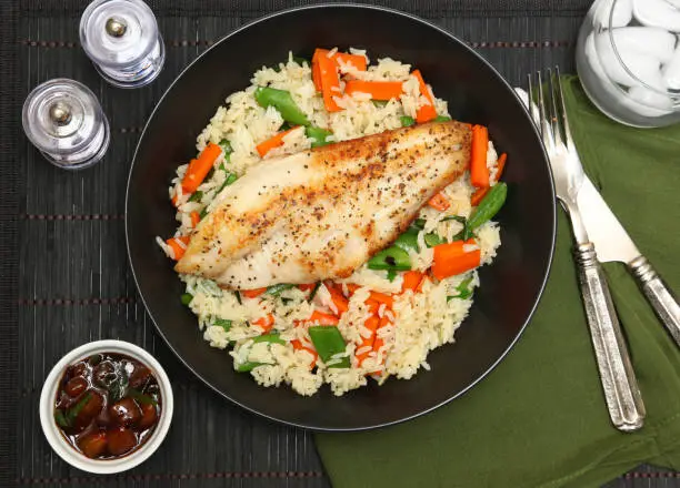 Catfish Fillet with Plum Sauce, Jasmine rice and vegetables.