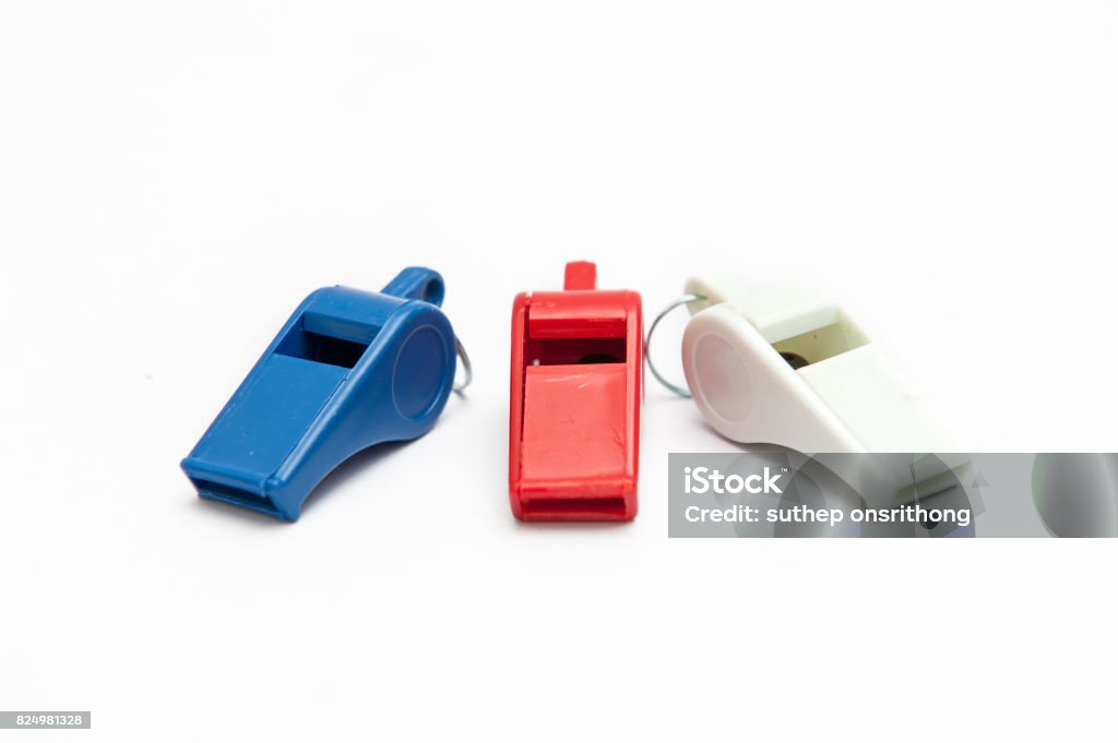 Whistle, Whistle, blow to help on a white background. Authority Stock Photo