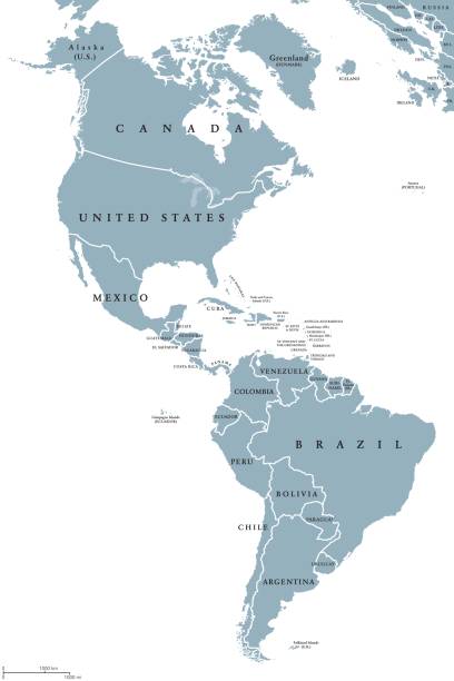 The Americas political map The Americas political map with countries and borders of the two continents North and South America. English labeling. Gray illustration on white background. Vector. north stock illustrations