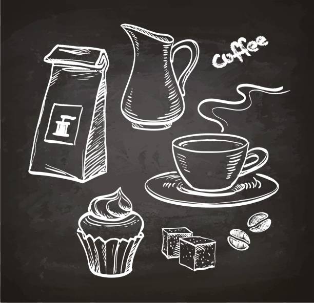 ilustrações de stock, clip art, desenhos animados e ícones de coffee set on chalkboard - chávena ilustrações