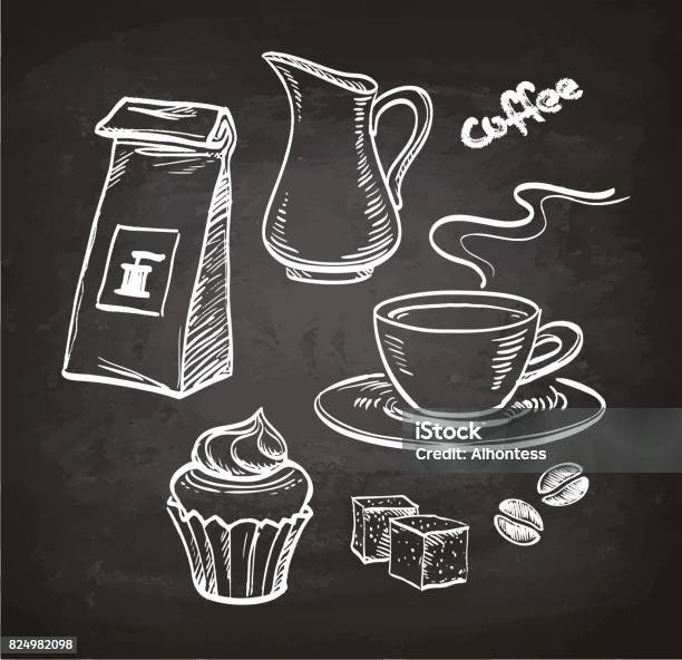 Coffee Set On Chalkboard Stock Illustration - Download Image Now - Coffee - Drink, Chalk Drawing, Chalkboard - Visual Aid