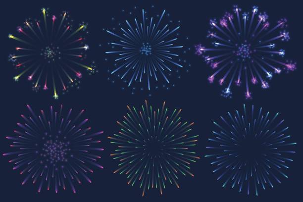 набор вектор красочных фейерверков иллюстрации на темном фоне - bang holidays and celebrations july party stock illustrations