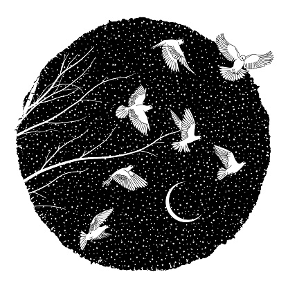 Artistic ink illustration of white doves flying at night, branches, and many little stars