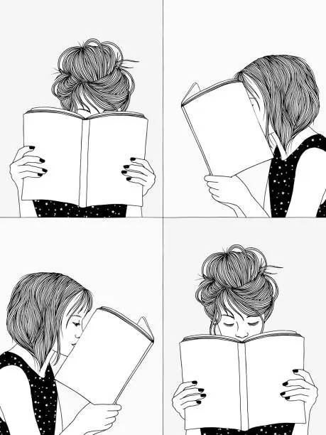 Vector illustration of Girls reading - black and white illustration