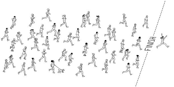 Tiny hand drawn marathon runners vector art illustration