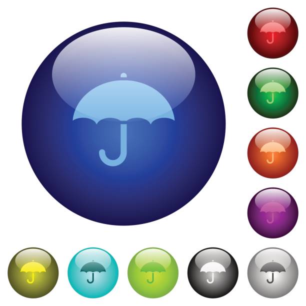 Umbrella color glass buttons Umbrella icons on round color glass buttons aegis stock illustrations