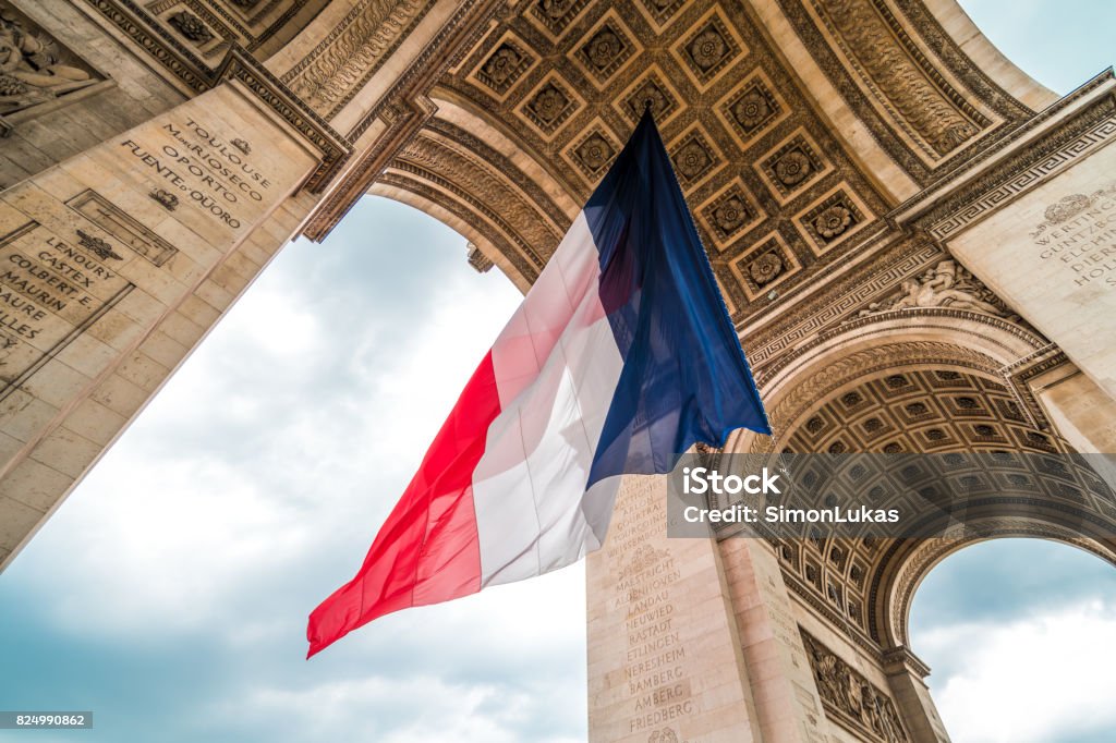 Flag of France at Arc de Triomphe The flag of france at the  Arc de Triomphe monument during bastille day France Stock Photo