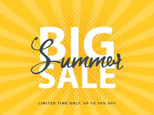 Vector illustration of Big Summer Sale sign with retro pop art halftone background. Vector web banner template illustration
