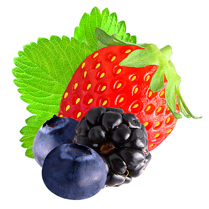 Isolated strawberry, blueberry and blackberry on white background as package design element.