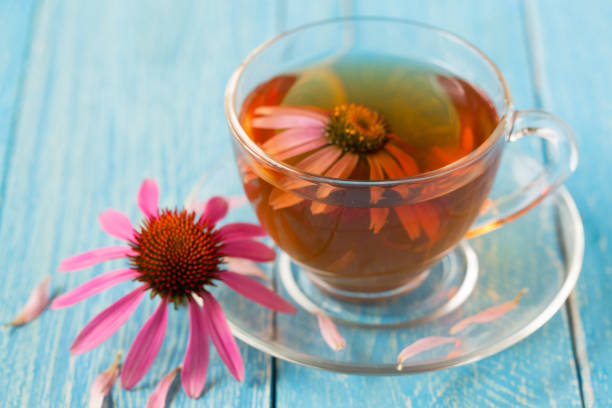 istock Cup of echinacea tea on blue wooden table 824994738