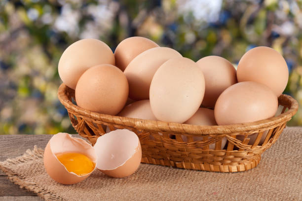 istock eggs in a wicker basket on a wooden board with blurred garden background 825001334