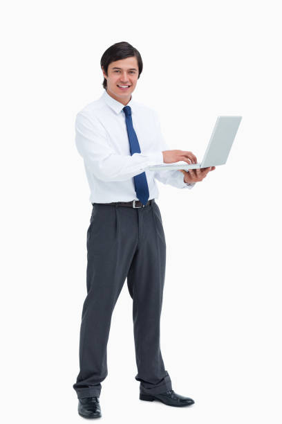 istock Side view of smiling tradesman with his laptop 825005706