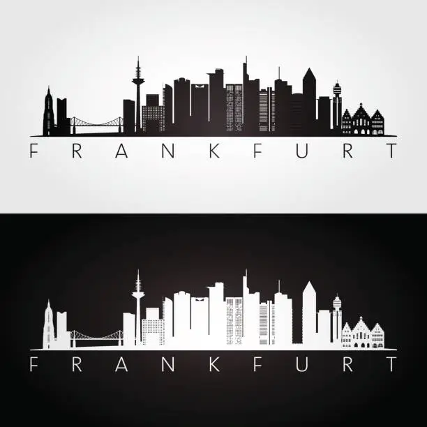 Vector illustration of Frankfurt skyline and landmarks silhouette, black and white design, vector illustration.