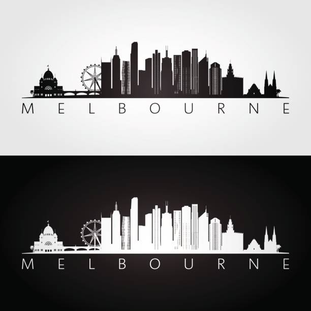 melbourne skyline und wahrzeichen silhouette, schwarz / weiß design, vektor-illustration. - melbourne skyline city australia stock-grafiken, -clipart, -cartoons und -symbole
