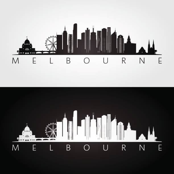 illustrazioni stock, clip art, cartoni animati e icone di tendenza di skyline di melbourne e silhouette di punti di riferimento, design in bianco e nero, illustrazione vettoriale. - melbourne city skyline australia