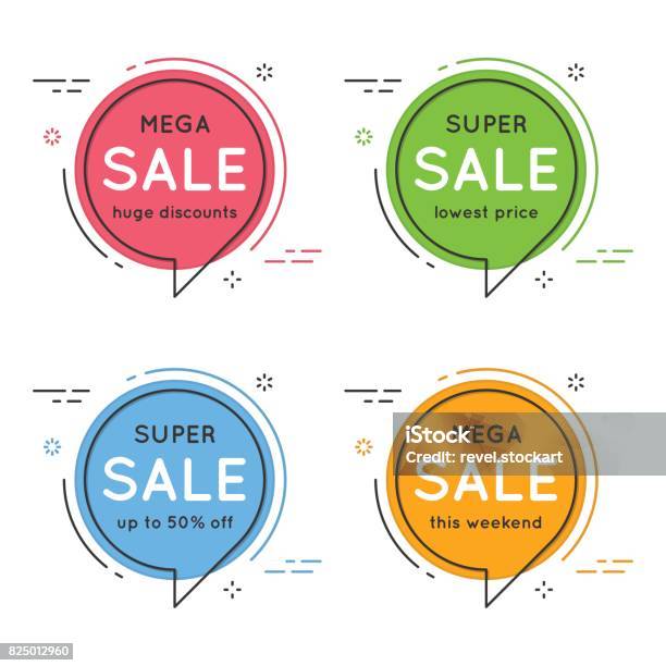 Set Of Flat Circle Speech Bubble Shaped Banners Price Tags Sti Stock Illustration - Download Image Now