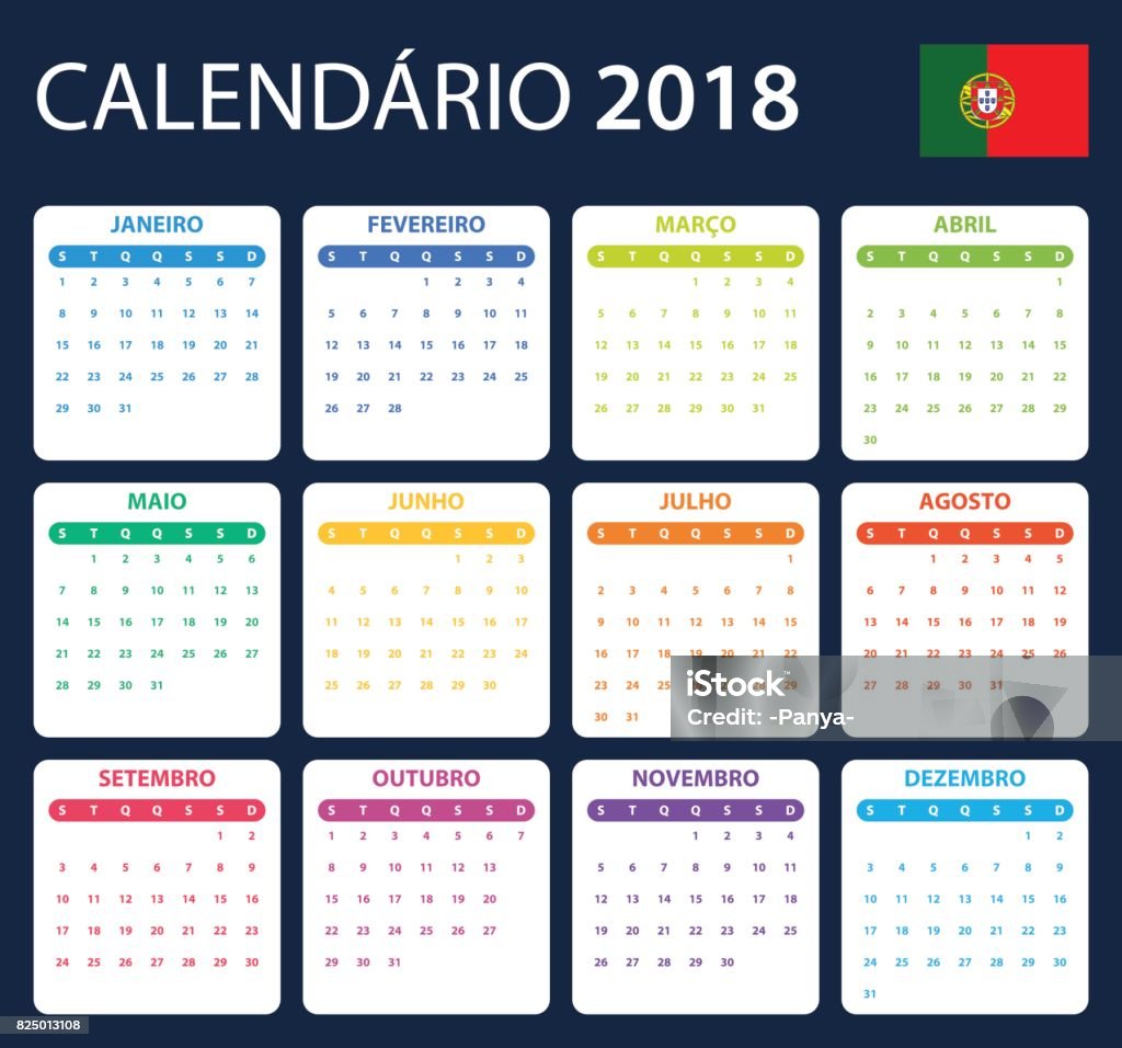 Portuguese Calendar for 2018. Scheduler, agenda or diary template. Week starts on Monday 2018 stock vector