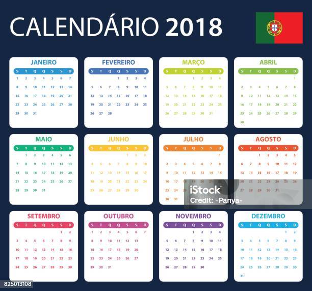 Portuguese Calendar For 2018 Scheduler Agenda Or Diary Template Week Starts On Monday Stock Illustration - Download Image Now