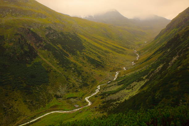 istock Fairy tale landscape: above river creek flowing waters into Misty idyllic alpine valley and meadows, dramatic swiss snowcapped alps, idyllic countryside, Graubunden, Swiss Alps, Switzerland 825020304