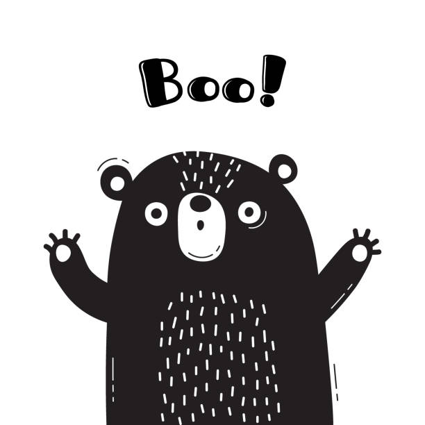 ilustraciones, imágenes clip art, dibujos animados e iconos de stock de ilustración con oso que grita - boo. para el diseño de avatares divertidos, bienvenida carteles y tarjetas. animal lindo - surprise shouting child black and white