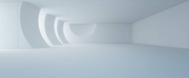 Abstract interior design of modern white showroom with empty floor and concrete wall background