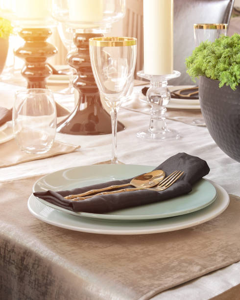 istock wooden dining table with elegant table setting for meal in the morning 825045082