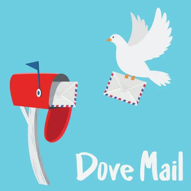 Vector illustration of Dove sending a letter to a red mail box