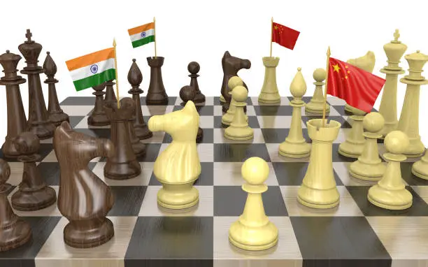India and China strategic relations and foreign policy struggles represented by a chess game rendered in 3D.