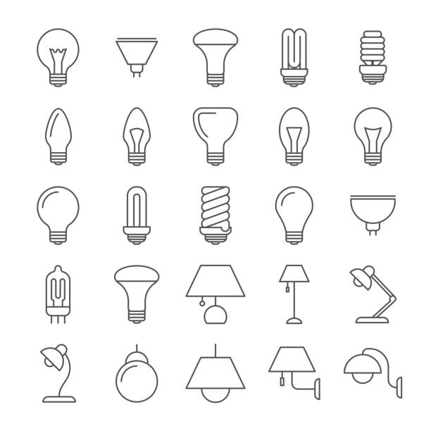 Lamp and light bulbs line icons collection Lamp and light bulbs line icons collection. Light lamp variation, table and wall illustration vector single line power isolated electricity stock illustrations