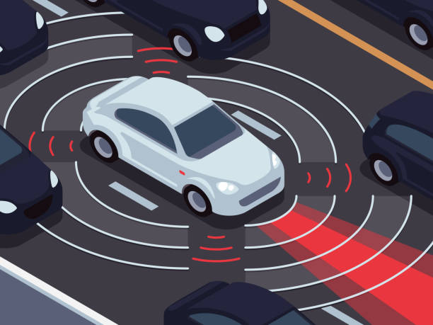Vehicle autonomous driving technology. Car assistant and traffic monitoring system vector concept Vehicle autonomous driving technology. Car assistant and traffic monitoring system vector concept. Technology traffic vehicle, self-driving sensor for safety illustration autonomous vehicle stock illustrations