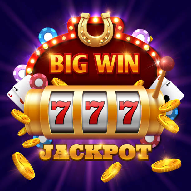 Big win 777 lottery vector casino concept with slot machine Big win 777 lottery vector casino concept with slot machine. Win jackpot in game slot machine illustration jackpot stock illustrations