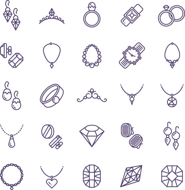 ilustraciones, imágenes clip art, dibujos animados e iconos de stock de costosas joyas de oro con diamante vector línea iconos y símbolos de accesorios boda - collar de perlas joyas