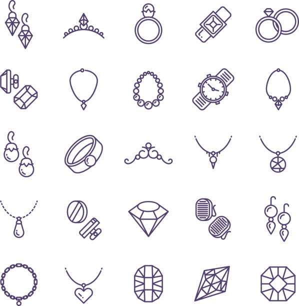 drogie złota biżuteria z diamentowymi ikonami linii wektorowej i symbolami akcesoriów ślubnych - jewelry stock illustrations