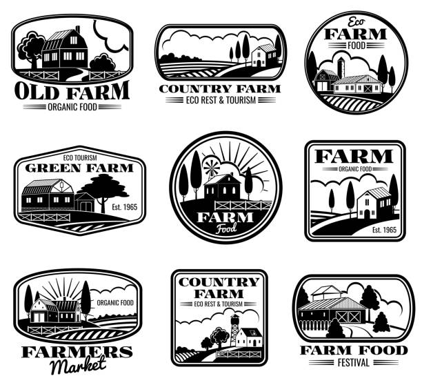illustrazioni stock, clip art, cartoni animati e icone di tendenza di set di icone ed etichette vettoriali di marketing della farm vintage - farm barn