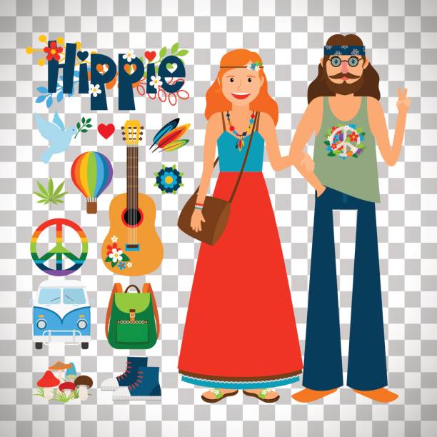 Hippie woman and man with guitar Hippie woman with long hair and man with guitar isolated on transparent background, vector illustration 60s style dresses stock illustrations