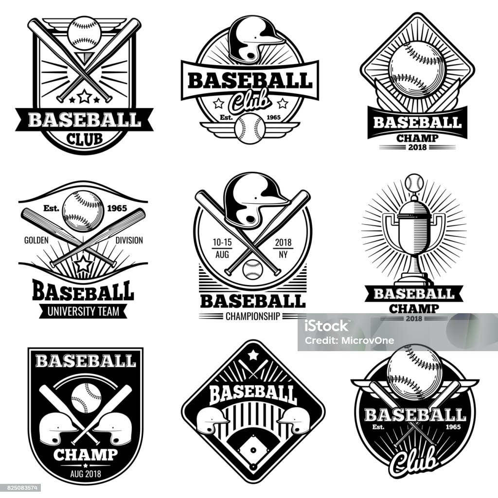 Emblèmes et étiquettes de vecteur de baseball vintage - clipart vectoriel de Balle de baseball libre de droits