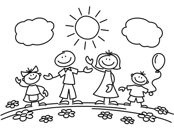 Hand drawn stick figure happy family. Vector illustration Hand drawn stick figure happy family. Drawing sketch family parents with children. Vector illustration mother drawings stock illustrations