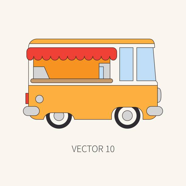 linie flach vektor farbe symbol mobile coffeeshop auto. nutzfahrzeug. cartoon-vintage-stil. van. fast-food café. streetfood. snack. auto. einfach. kг¶nnten. illustration und element für ihr design. - van mechanic mini van repairman stock-grafiken, -clipart, -cartoons und -symbole