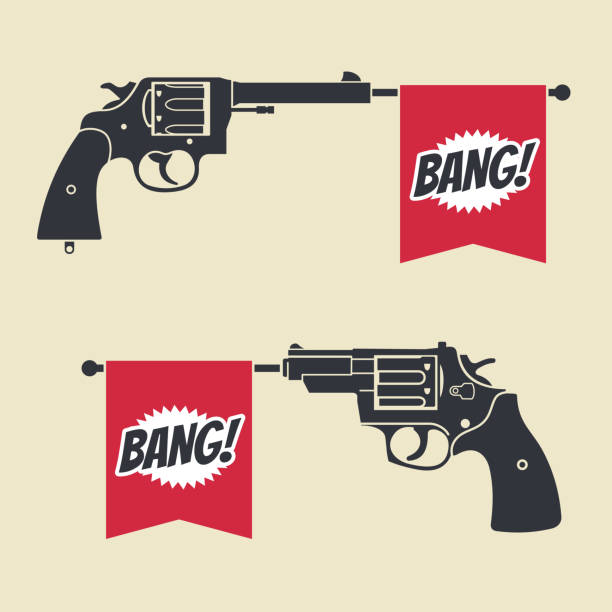ilustraciones, imágenes clip art, dibujos animados e iconos de stock de tiro pistola de juguete con bang bandera vector icono - flequillo
