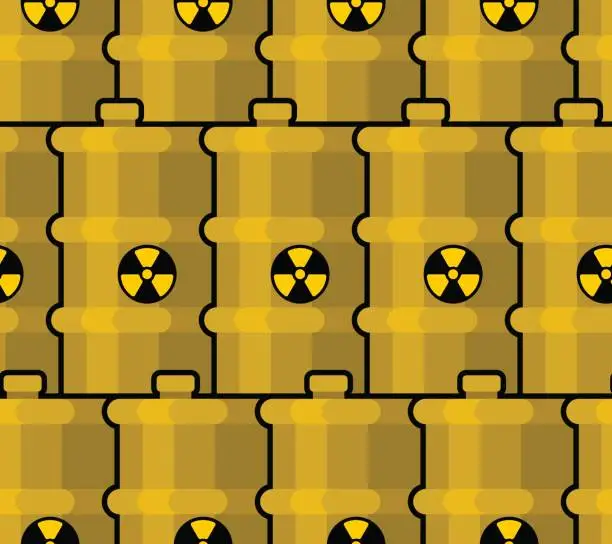 Vector illustration of Yellow Barrel with poisonous waste pattern. radioactive Canister with acid ornament. toxic Chemical danger of barrel background. Environmental pollution. Industrial facility