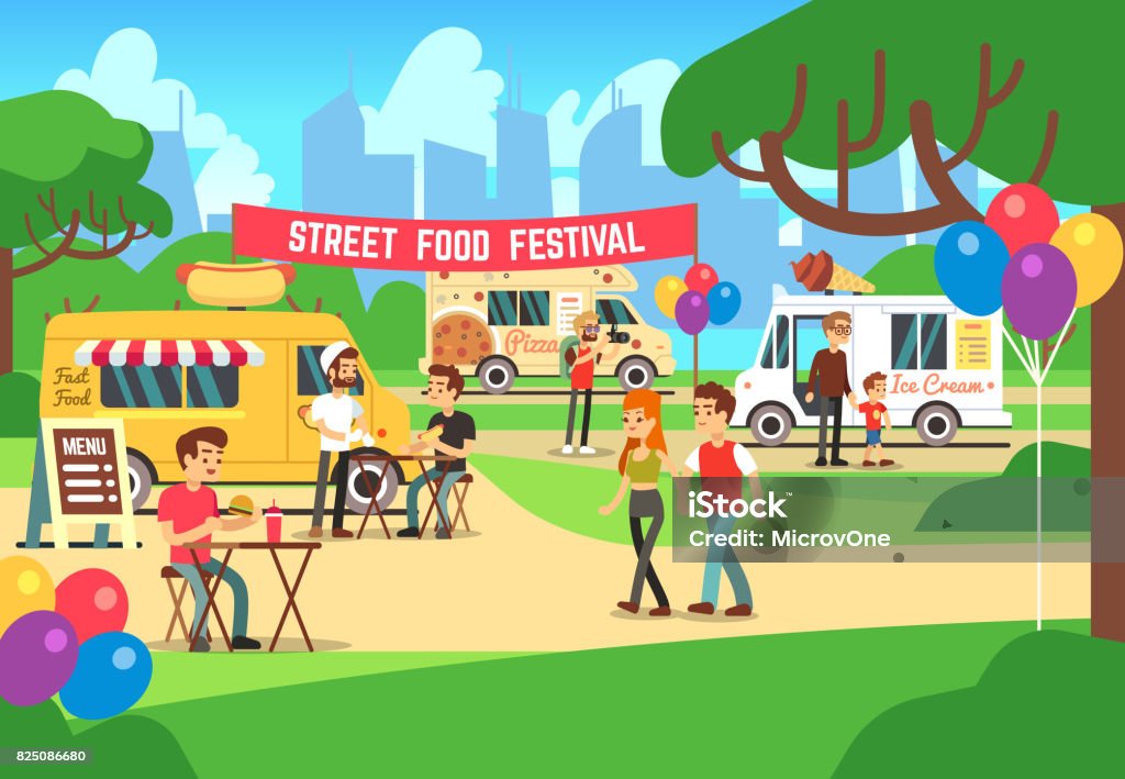 Festival de la gastronomie de rue avec les gens et les camions fond de vecteur de dessin animé - clipart vectoriel de Restaurant ambulant libre de droits