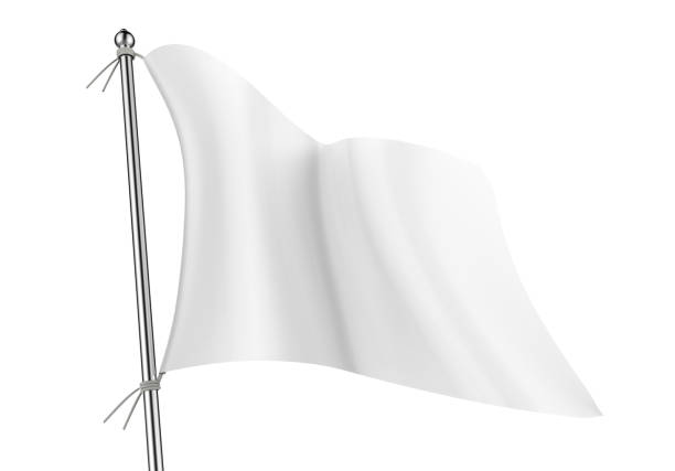 White blank empty flag on flagpole flying in the wind isolated on white for mock up and template.