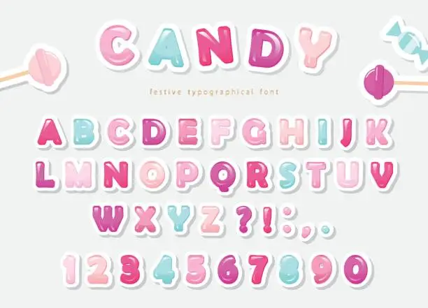 Vector illustration of Paper cut out sweet font design. Candy ABC letters and numbers. Pastel pink and blue.