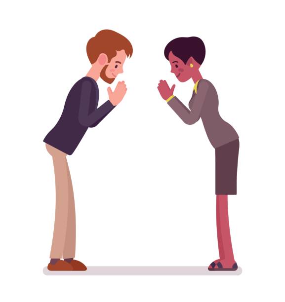 Businessman and businesswoman bow gesture Businessman and businesswoman bow gesture. Proper cross-cultural greeting etiquette. Business manner concept. Vector flat style cartoon illustration, isolated, white background bowing cartoon stock illustrations